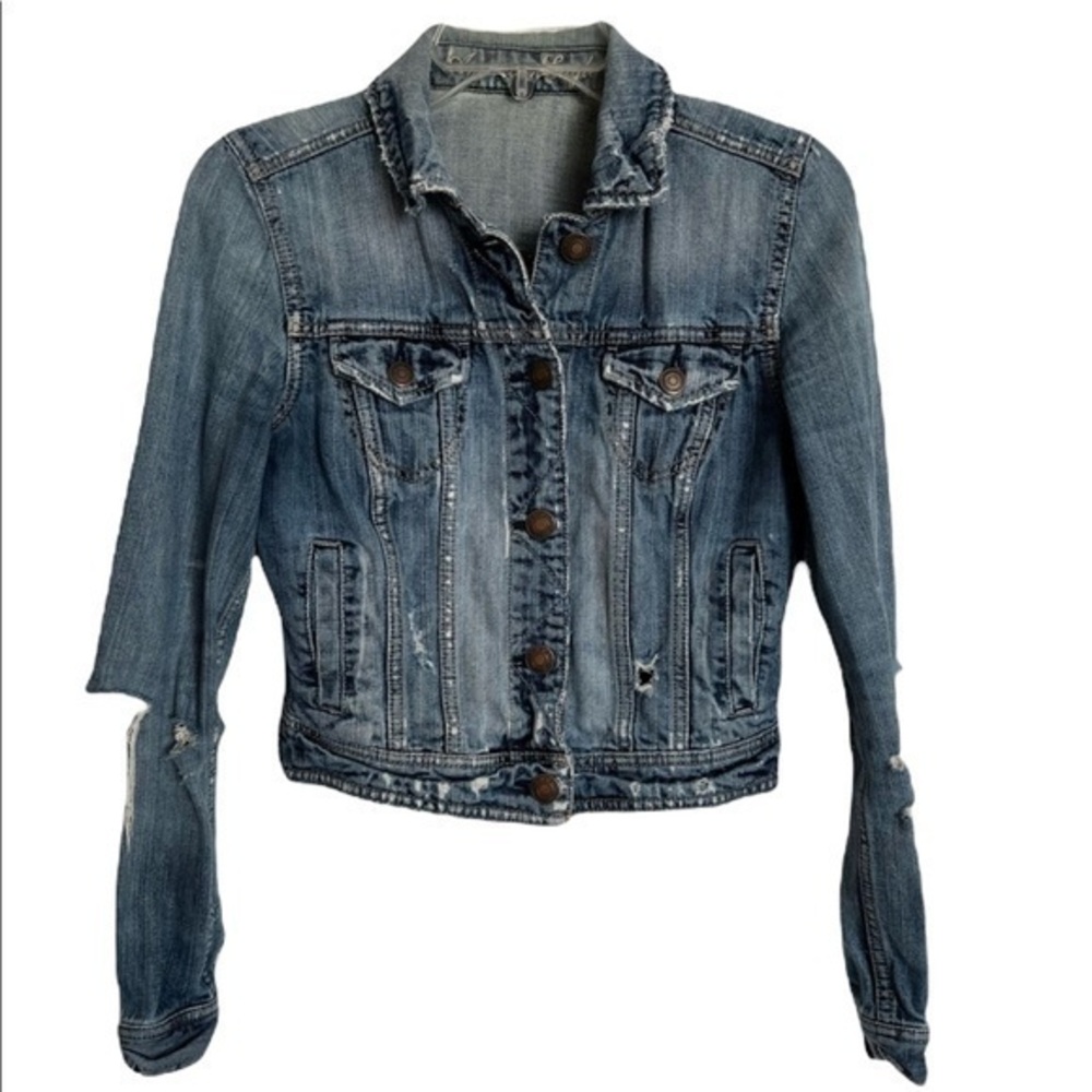 American Eagle Distressed Destructed Demin Jean Jacket Pockets Women's Small